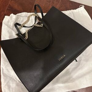 Furla Black Leather Shoulder Bag with Chain Handles